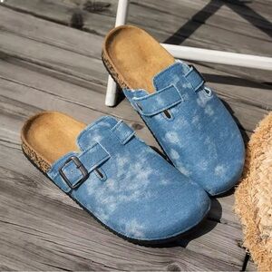 Denim Clog Sandals Blue Washed Slip-On Mules Adjustable Casual Summer Shoes